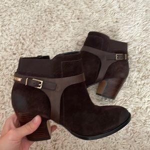 dark brown suede heeled boots